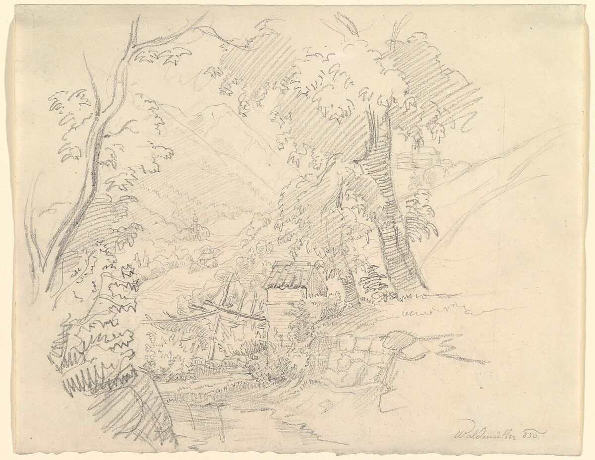 Landscape with a View in a Valley, Ferdinand Georg Waldmüller (Austrian, Vienna 1793–1865 Helmstreitmühle in der Hinterbrühl), Graphite 