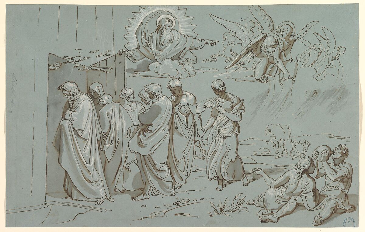 God Summons Noah and His Family into the Ark, Joseph von Führich (Austrian, Kratzau 1800–1876 Vienna), Pen and brown ink, heightened with white gouache, on blue paper 