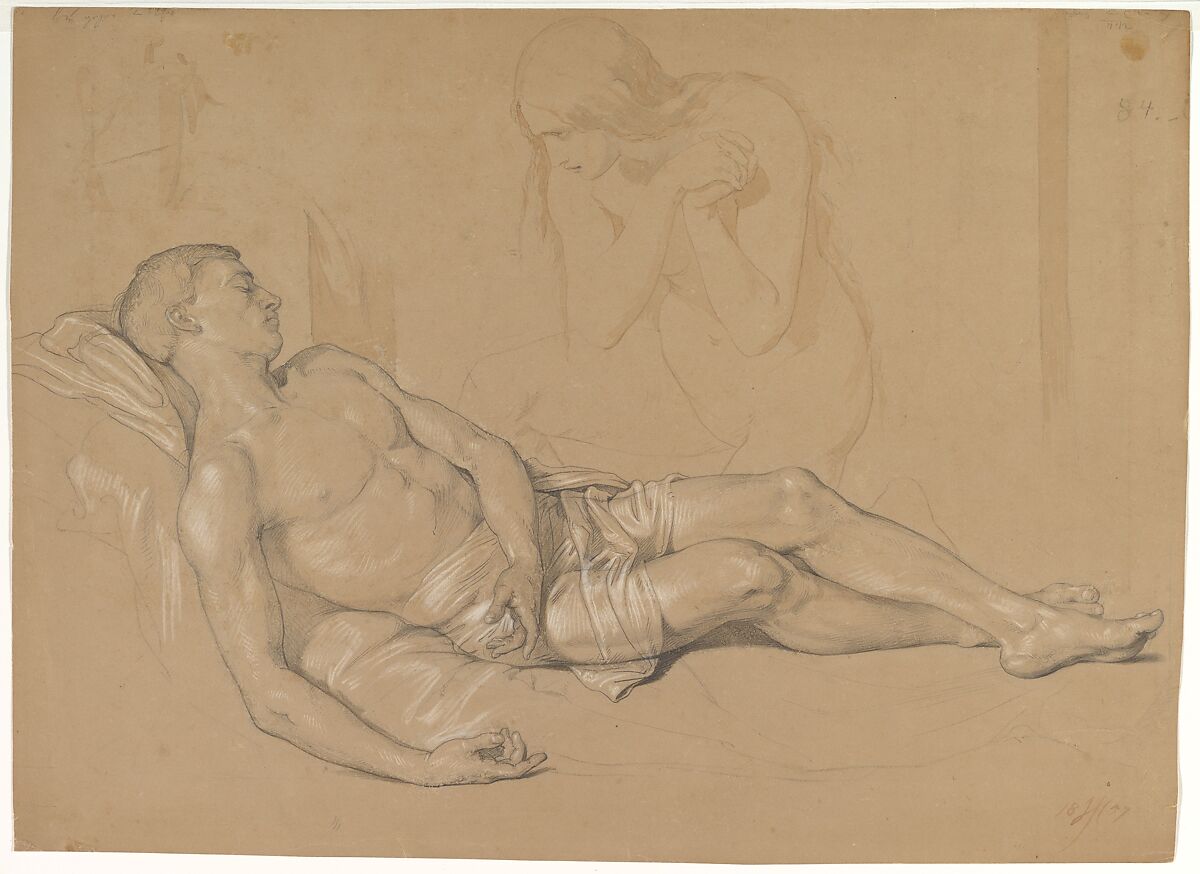 A Nude Woman Kneeling at the side of a Reclining Man (Study for Mary Magdalen Lamenting Christ), Julius Hübner (German, Oels in Scchlesien 1806–1882 Loschwitz), Graphite, brush and brown wash, heightened with white chalk. 