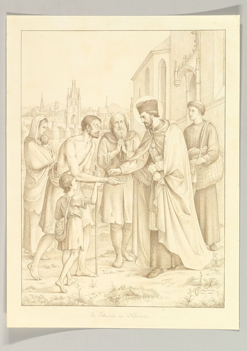 Saint Johannes Nepomuk Distributing Alms, Leopold Kupelwieser (Austrian, Piesting 1776–1862 Vienna), Pen and brown ink 