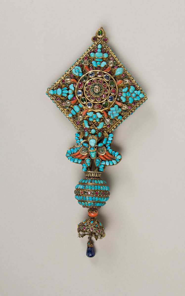 Ear Ornament for a Deity, Mercury, gilt silver, rubies, emeralds, sapphires, lapis lazuli, coral, pearls, and turquoise, Nepal 