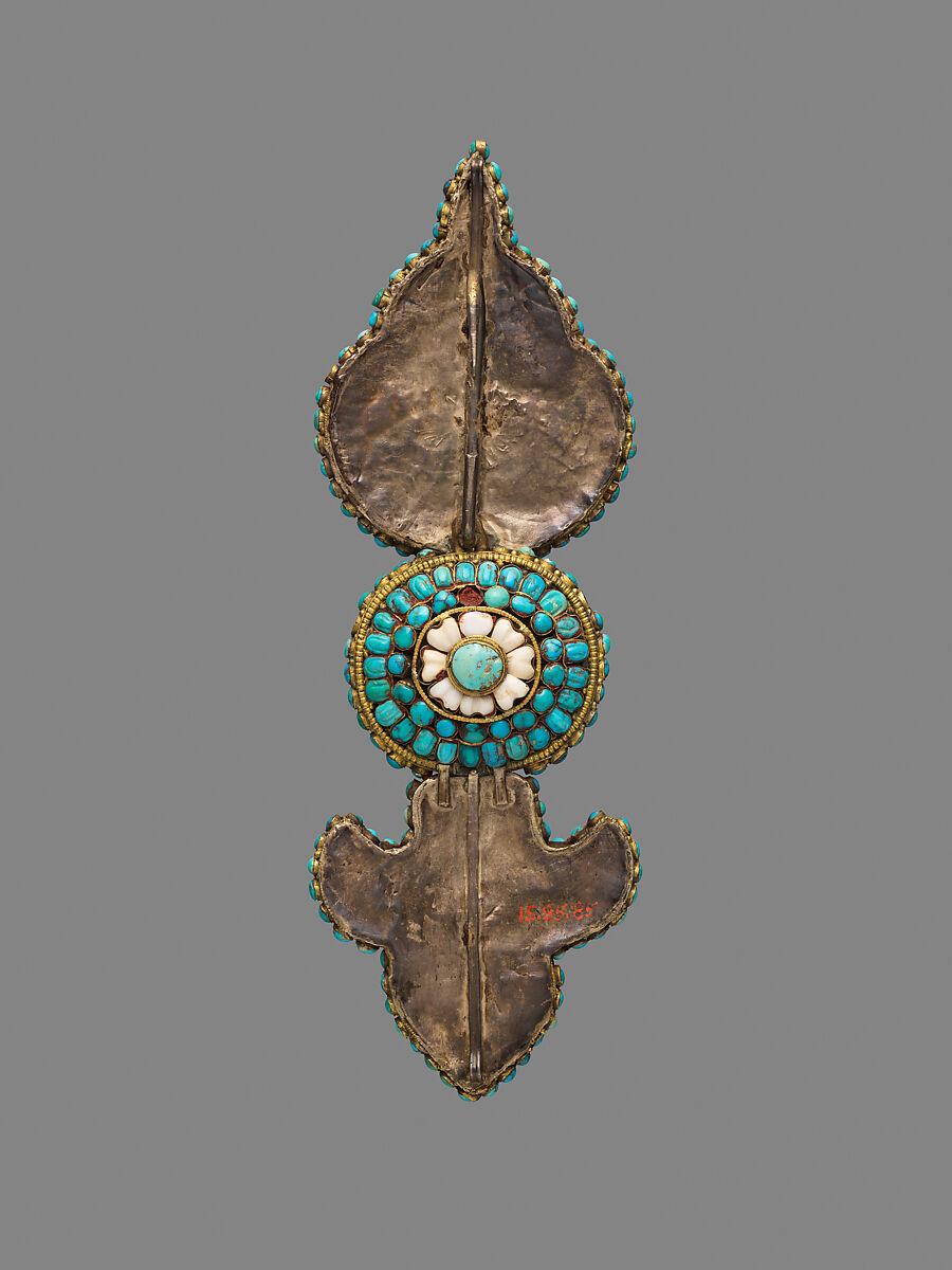 Ear Ornament for a  Deity, Gold, coral, shell, and turquoise, Nepal