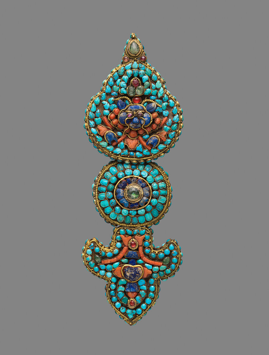 Ornament for deity, Gold with coral and turquoise, Nepal 