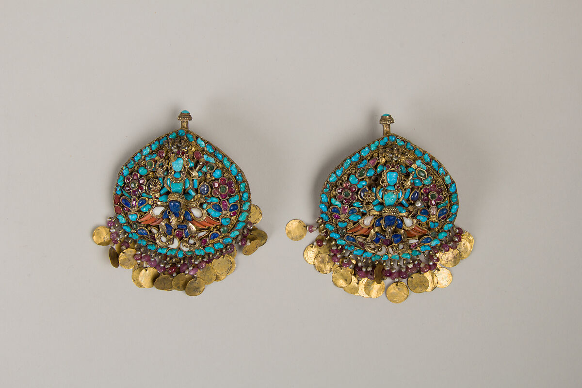 Earring for a Deity Showing Vishnu Riding Garuda, Gilt silver, rubies, sapphires, lapis lazuli, coral, shell, pearls, and turquoise, Nepal