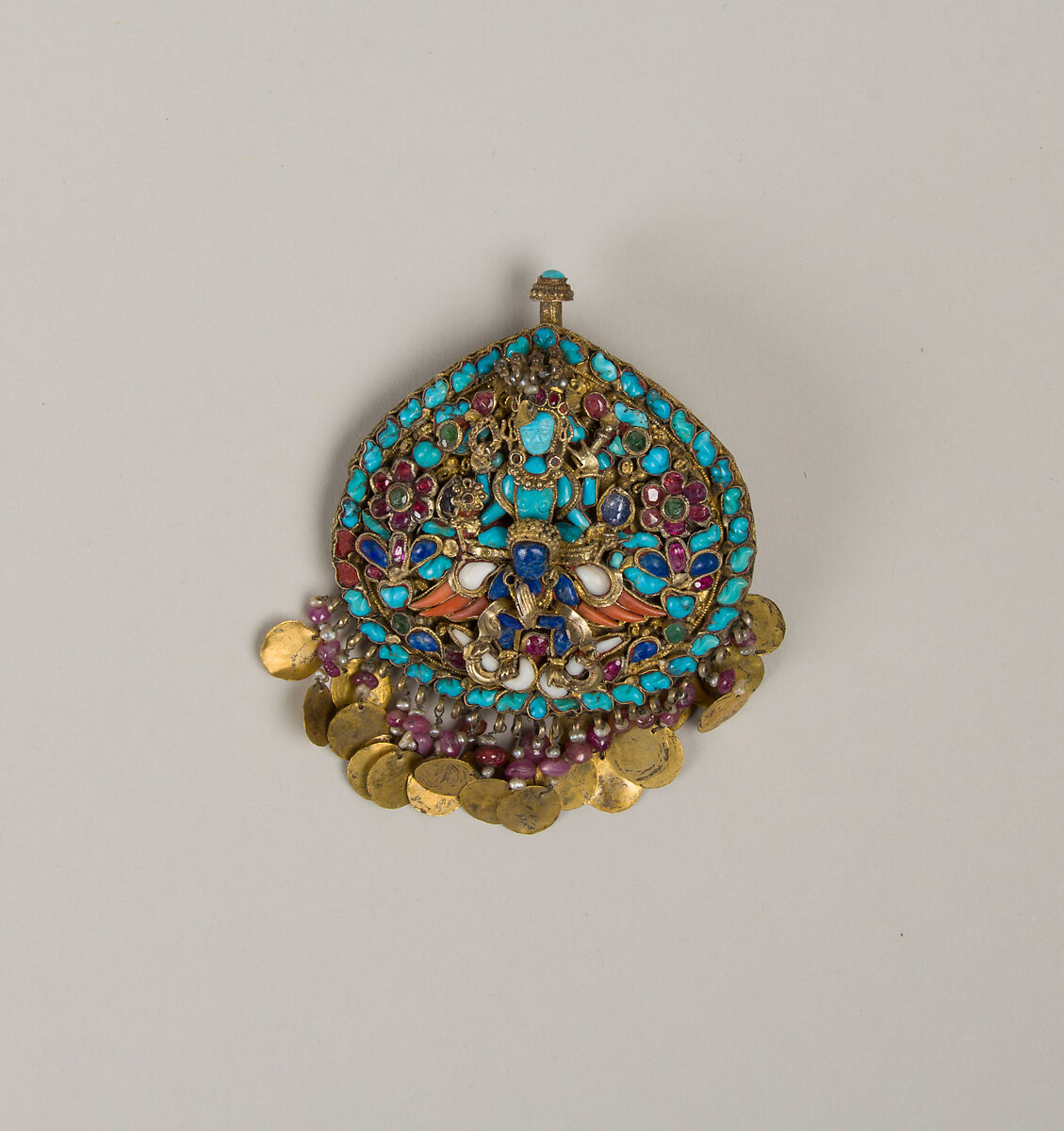 Earring for a Deity Showing Vishnu Riding Garuda, Gilt silver, rubies, sapphires, lapis lazuli, coral, shell, pearls, and turquoise, Nepal 