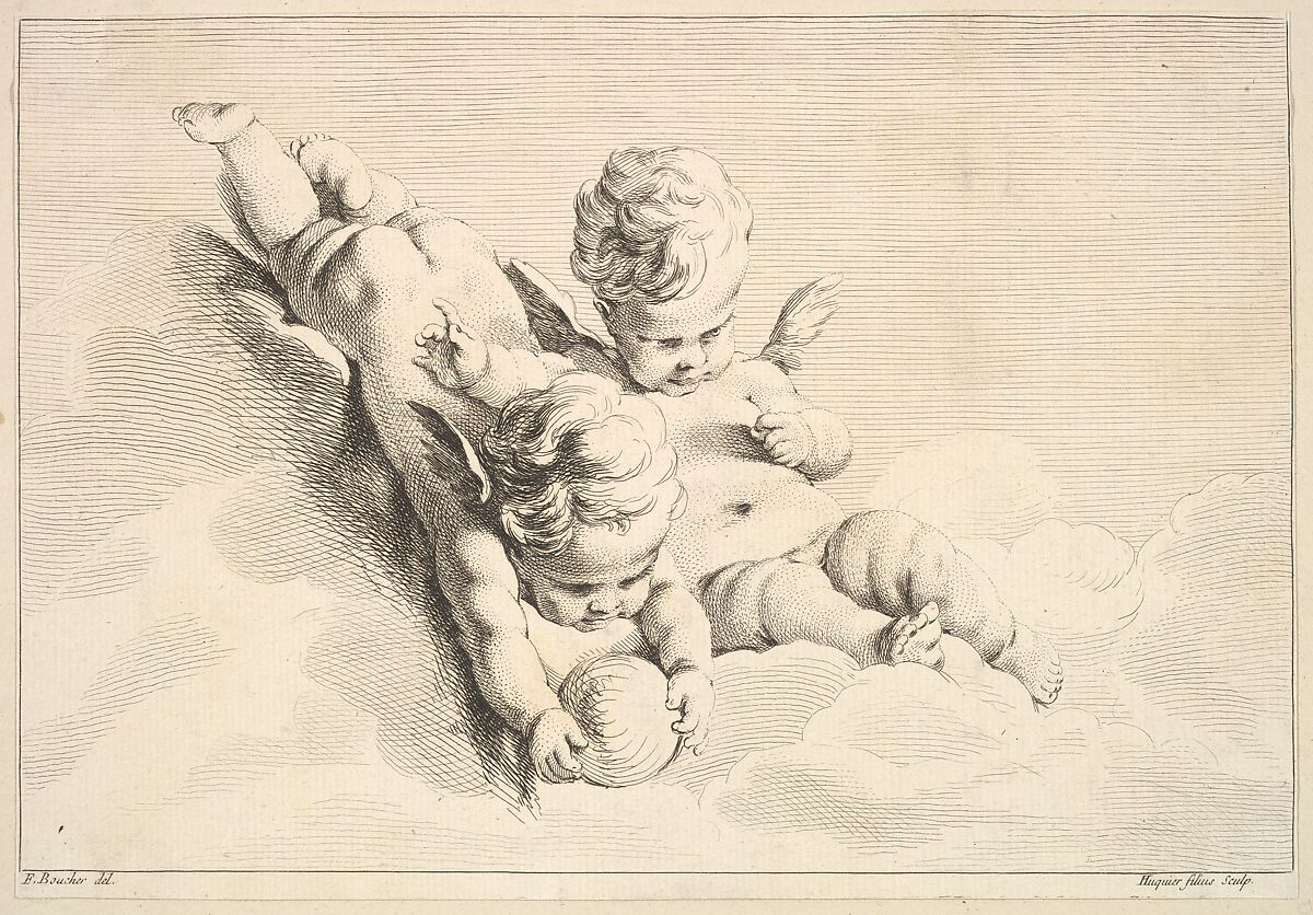 Two Cupids, One Holding a Ball, Jacques Gabriel Huquier (French, Paris 1730–1805 Shrewsbury), Etching and engraving 