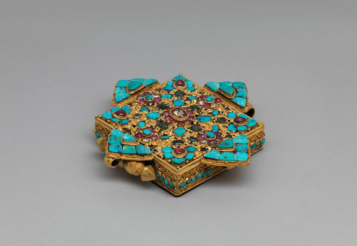 Amulet Box of a Noblewoman, Gold, beryl, rubies, emeralds, sapphires, and turquoise, Tibet