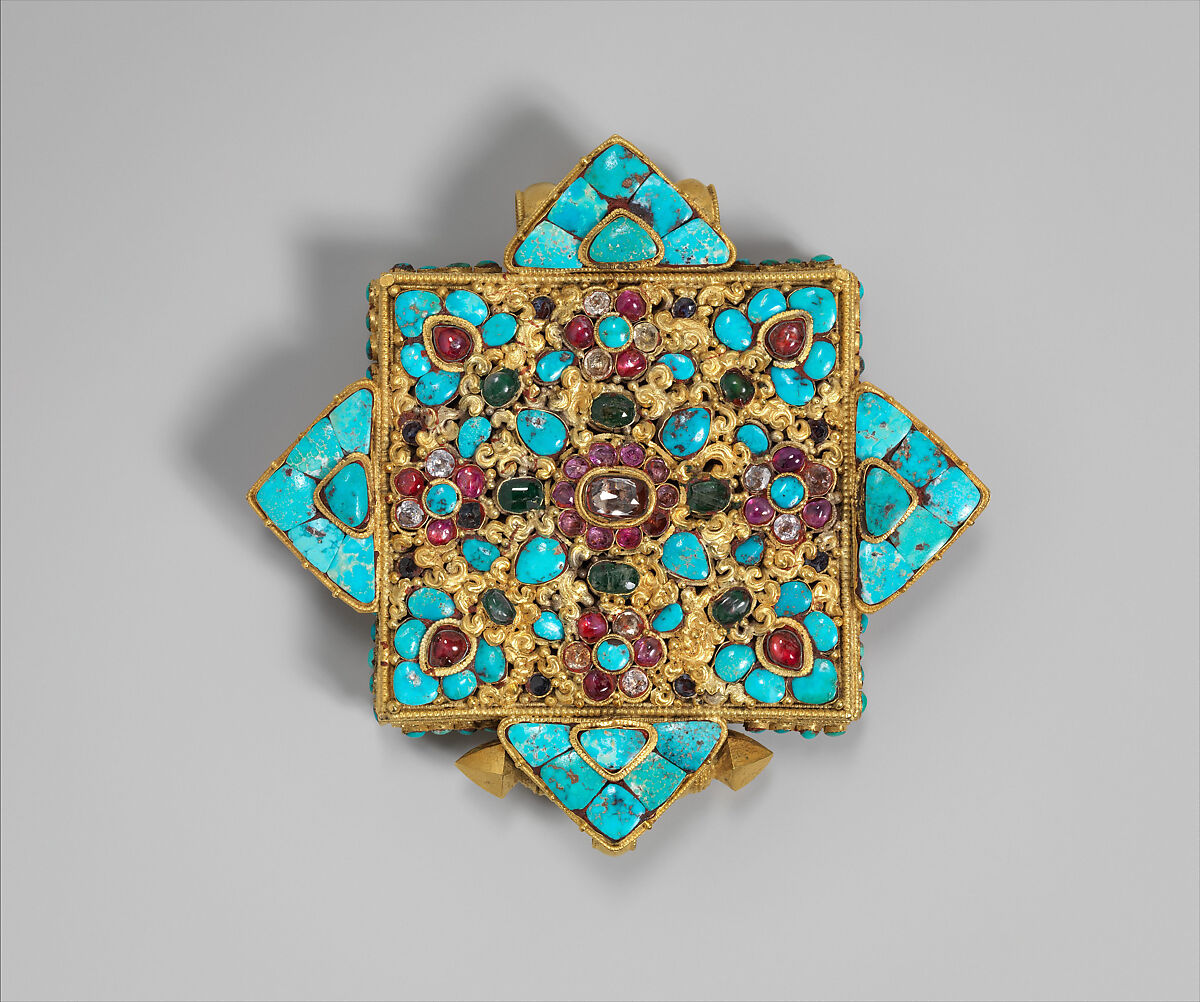 Amulet Box of a Noblewoman, Gold, beryl, rubies, emeralds, sapphires, and turquoise, Tibet 