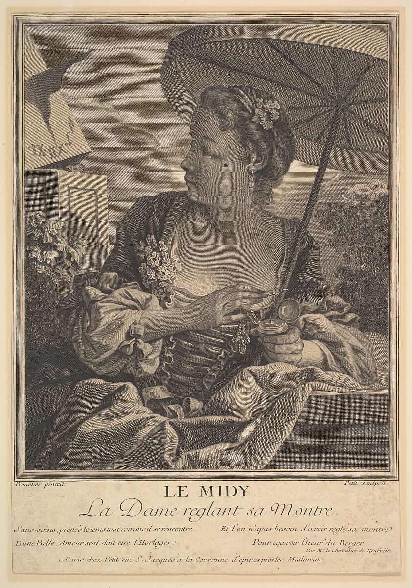 Midday. A Lady Setting Her Watch, Gilles Edme Petit (French, Paris 1694–1760 Paris), Etching and engraving 