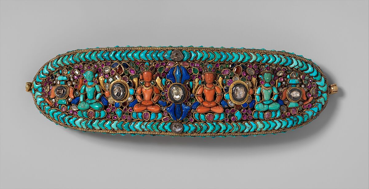 Forehead Ornament for a Deity, Gold, diamonds, rubies, emeralds, sapphires, garnet, lapis lazuli, coral, shell, mother of pearl, pearl, amber, and turquoise, Newari, for the Nepalese or Tibetan market