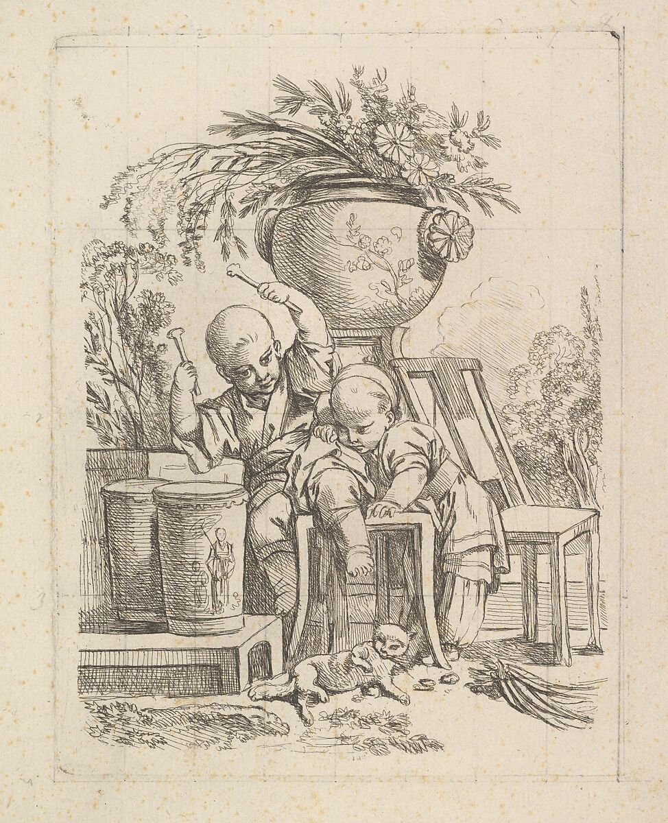 Two Children, One Playing the Drum, Attributed to Louis Antoine Crozat, Baron de Thiers, Paris (French, 1699–1770), Etching and Engraving 