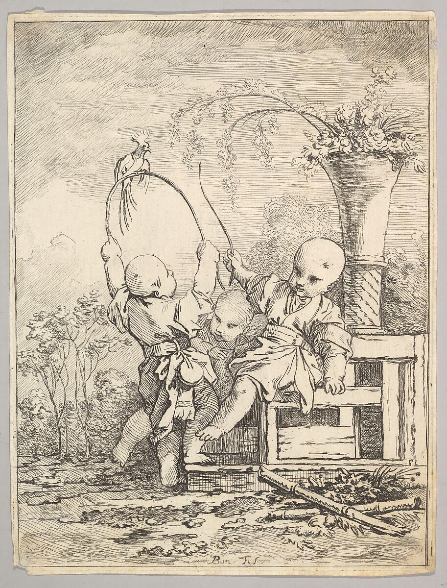 Chinese Children Playing with a Parrot, Louis Antoine Crozat, Baron de Thiers, Paris (French, 1699–1770), Etching 