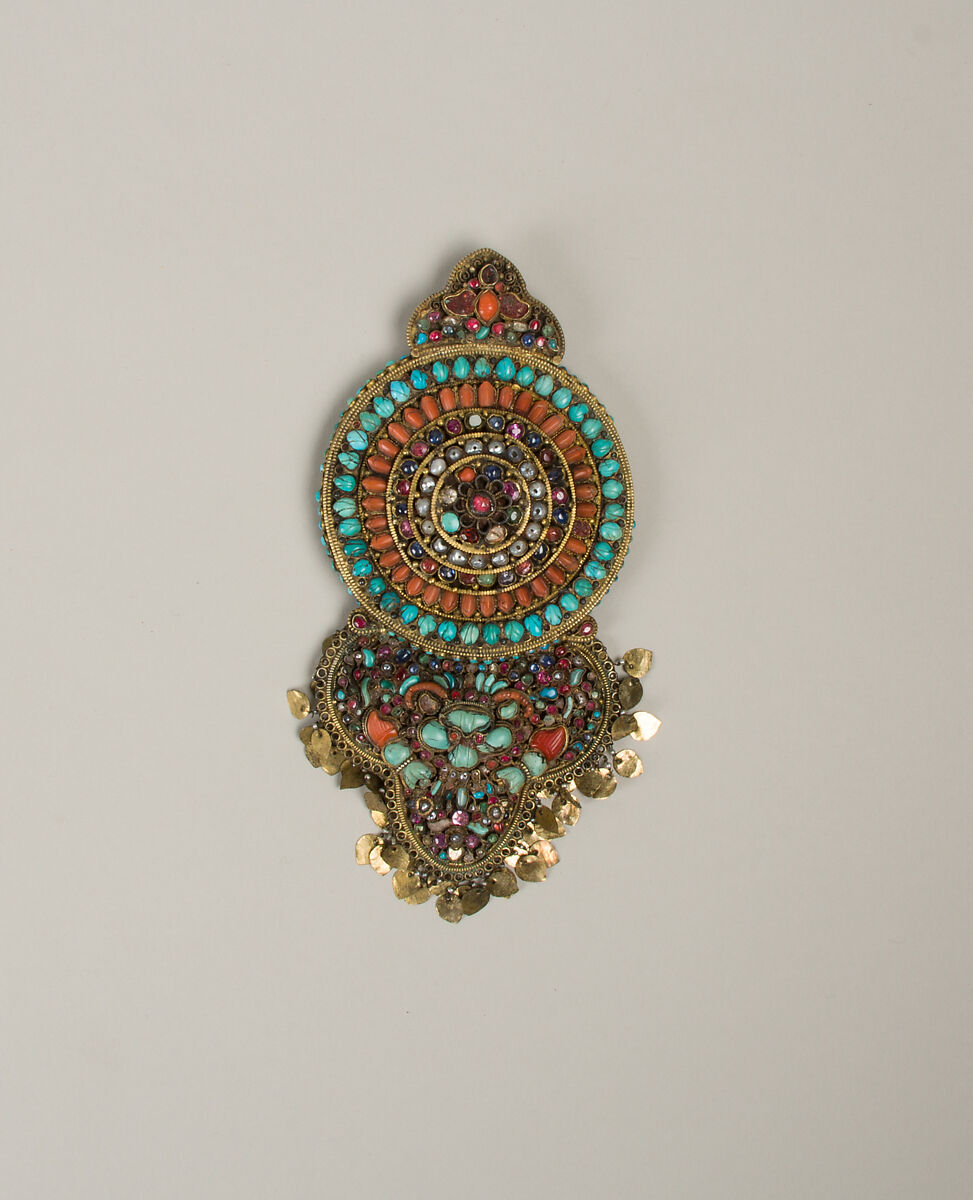 Earring, Silver gilt with precious and semi-precious stones, Tibet 