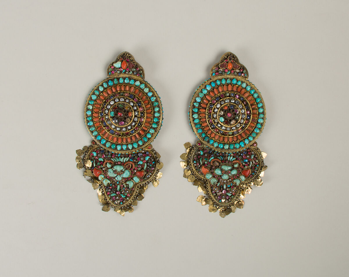 Earring, Silver gilt with precious and semi-precious stones, Tibet