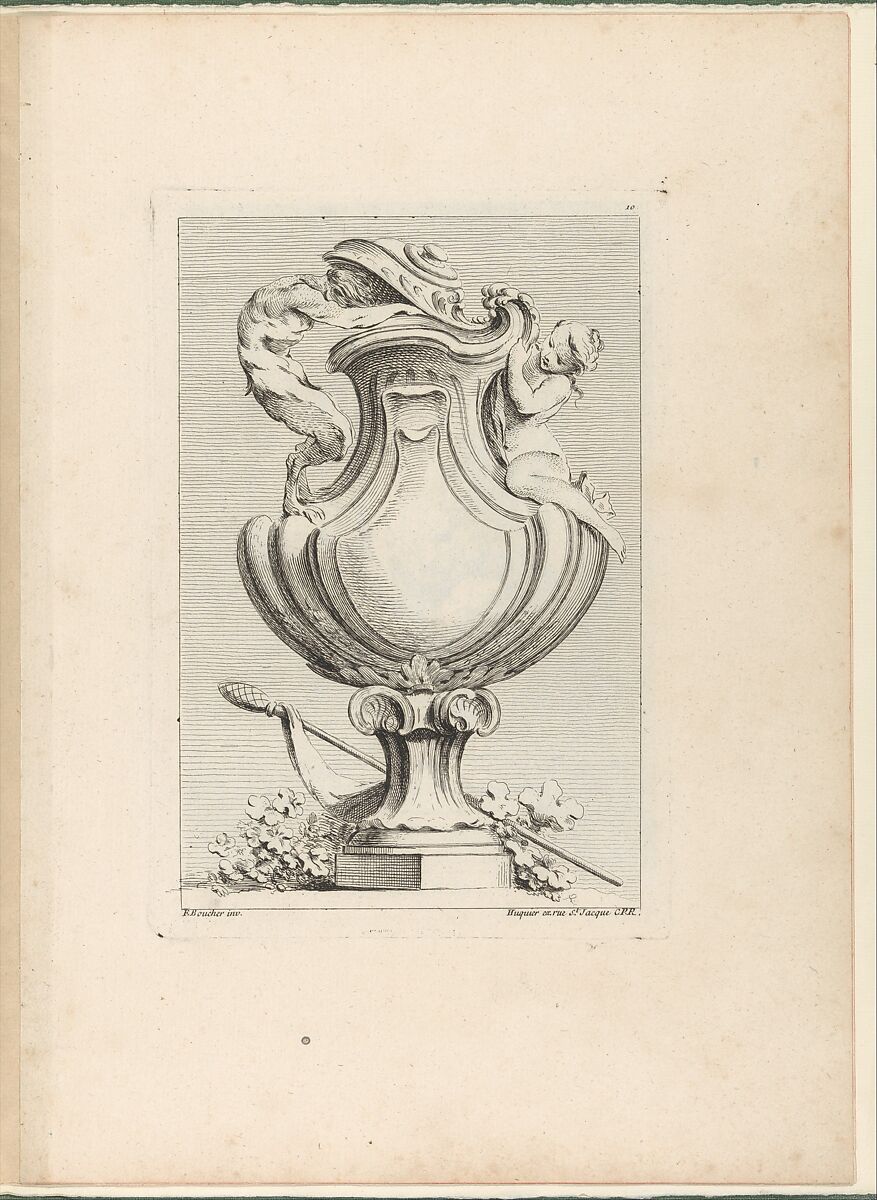 Design for a vase with a faun and a nymph, from Livre de Vases (Book of Vases), plate 10, Gabriel Huquier (French, Orléans 1695–1772 Paris), Etching 
