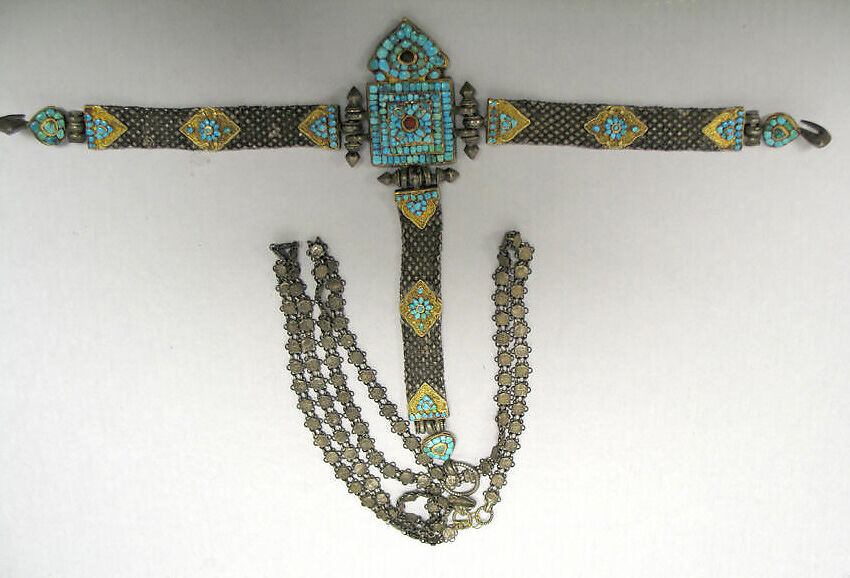 Belt with Attached Chain, Silver and gold, with turquoise and rubies, Tibet 