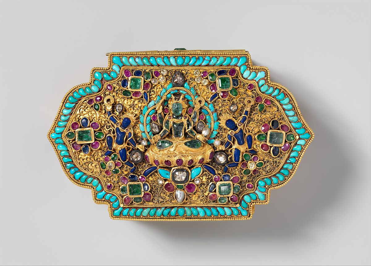 Leaf-Shaped Box, Gold, aquamarine, diamonds, emeralds, rubies, sapphire, pearl, lapis lazuli, and turquoise, Top decoration: Newari; box: Tibet, Lhasa area 