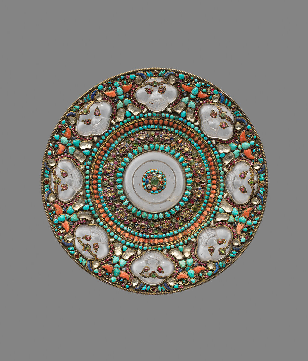 Dish for ritual offerings, Gilt silver, rock crystal, emeralds, rubies, sapphires, yellow quartz, garnets, spinel’s, coral, shell, lapis lazuli, and semi-precious stones, Nepal 