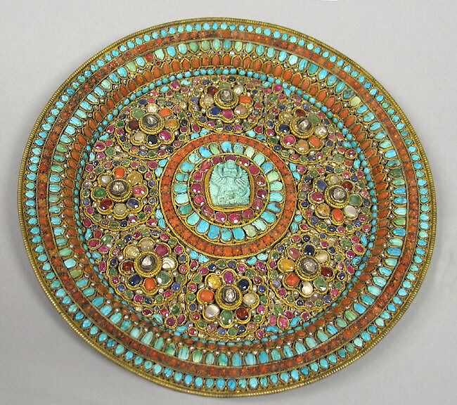Dish for Ritual Offerings with Durga Defeating a Demon, Gilt silver, emeralds, rubies, sapphires, diamonds, pearls, coral, shell, and semiprecious stones, Nepal 