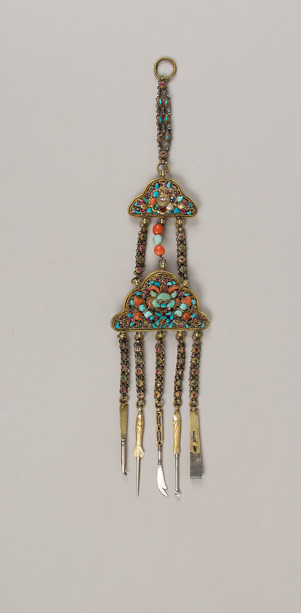 Woman’s Belt Hangings, Gilt silver, rubies, emeralds, sapphires, coral, shell, lapis lazuli, and turquoise, Newari for Tibetan market 