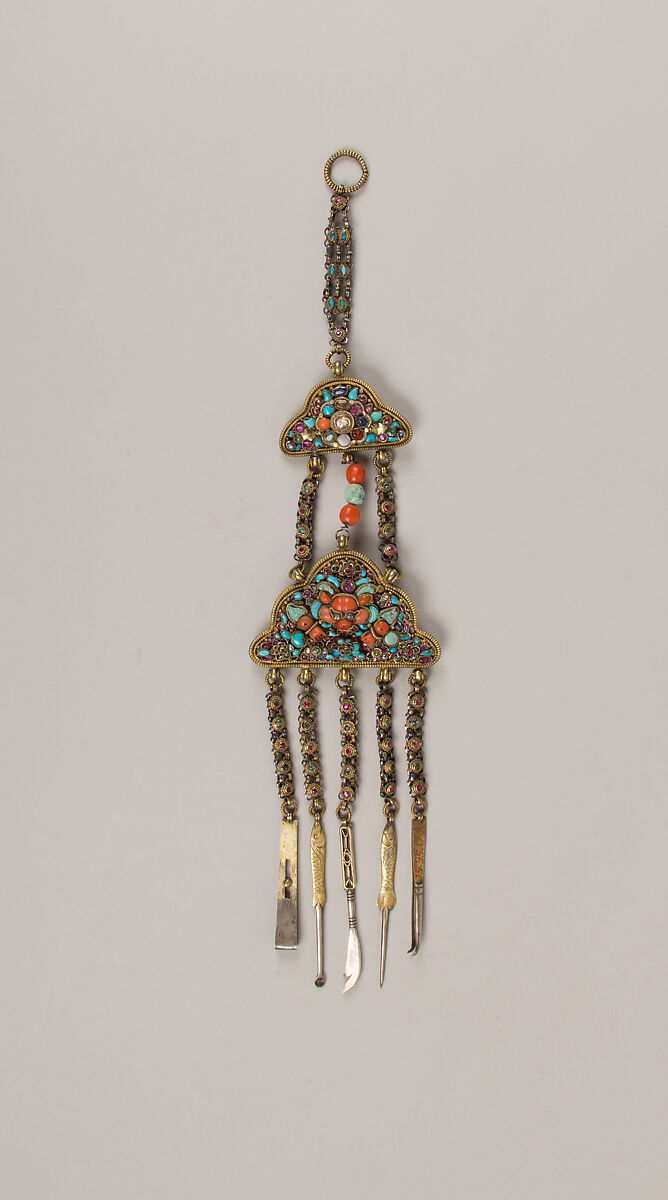 Woman’s Belt Hangings, Gilt silver, rubies, emeralds, sapphires, coral, shell, lapis lazuli, and turquoise, Newari for Tibetan market