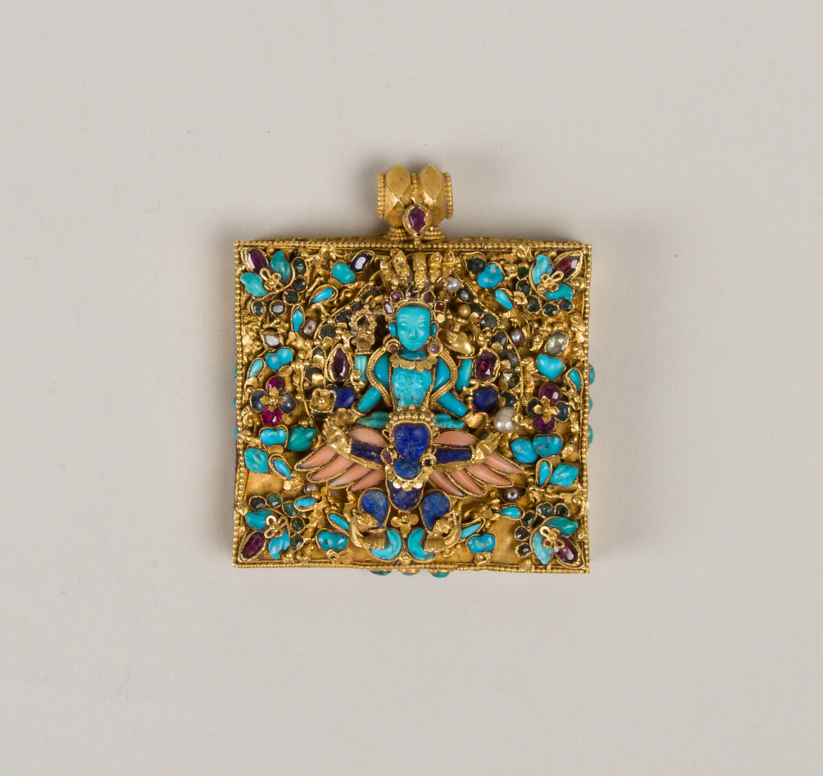 Amulet case with Vishnu Riding Garuda, Gold, rubies, sapphires, emeralds, pearls, zircon, coral, lapis lazuli, and turquoise, Nepal 