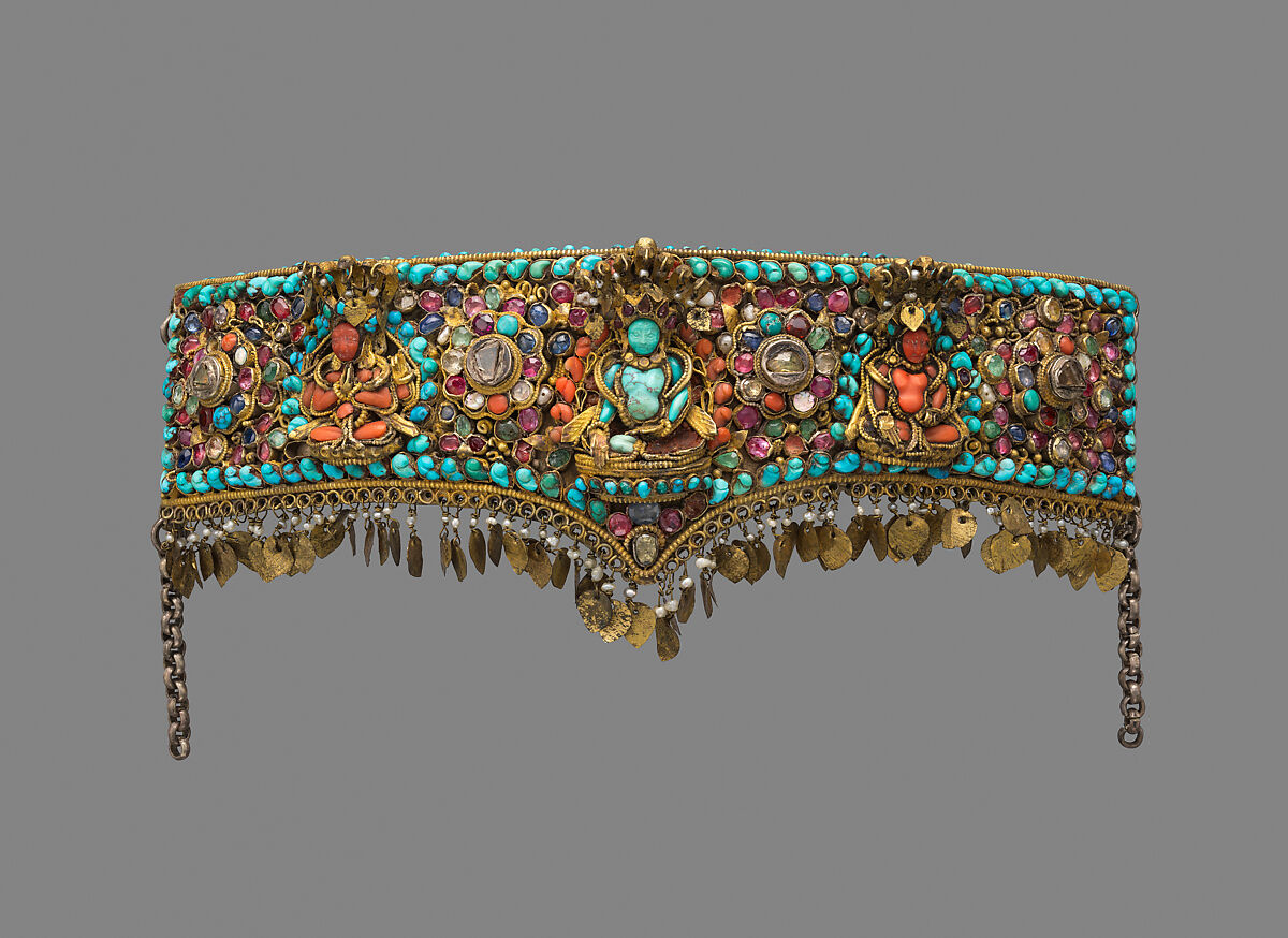 Forehead Ornament for a Crown or a Deity, Gilt silver, brass, diamonds, emeralds, rubies, sapphires, pearls, coral, shell, turquoise, and semiprecious stones, Newari for Nepal or Tibet market 