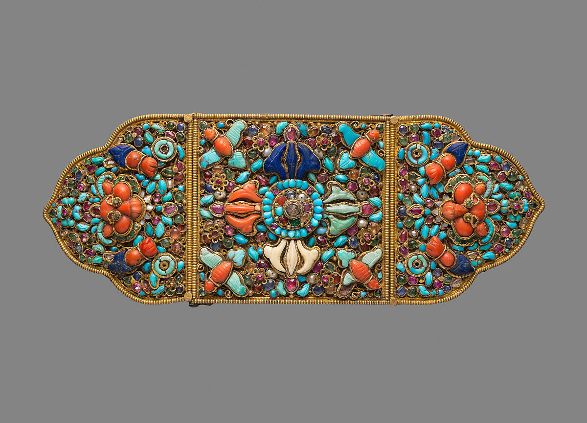 Armlet for an Image with Crossed Vajras, Mercury, gilt silver, diamonds, rubies, emeralds, sapphires, pearls, lapis lazuli, coral, shell, and turquoise, Nepal 
