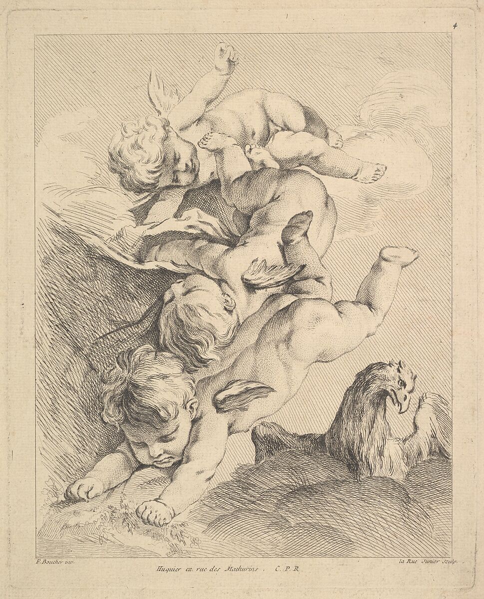 Three Cupids Turning a Somersault, an Eagle on the Right, Louis Félix de La Rue (French, Paris 1731–1765 Paris), Etching and engraving 