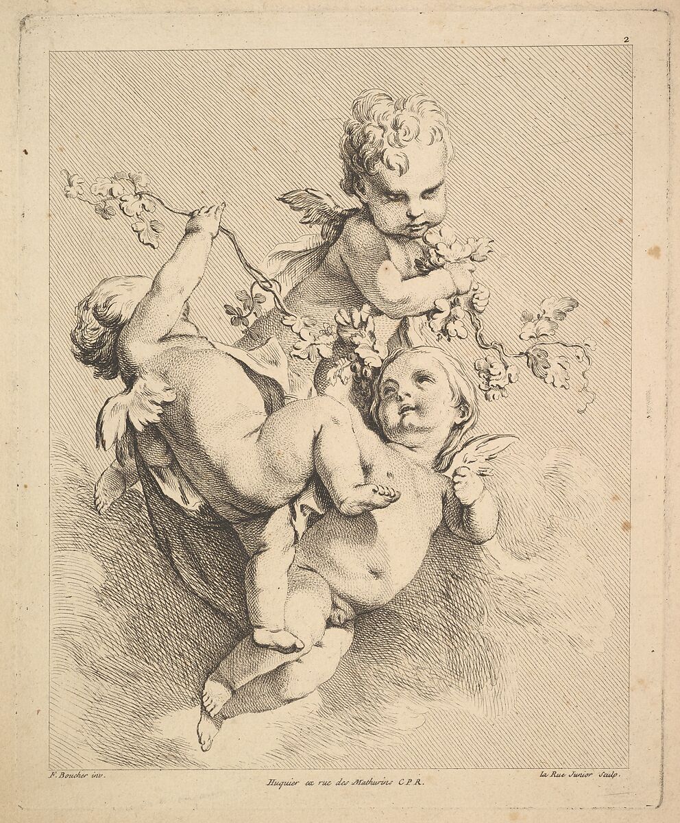 Three Cupids Playing with Vine Branches, Louis Félix de La Rue (French, Paris 1731–1765 Paris), Etching and engraving 