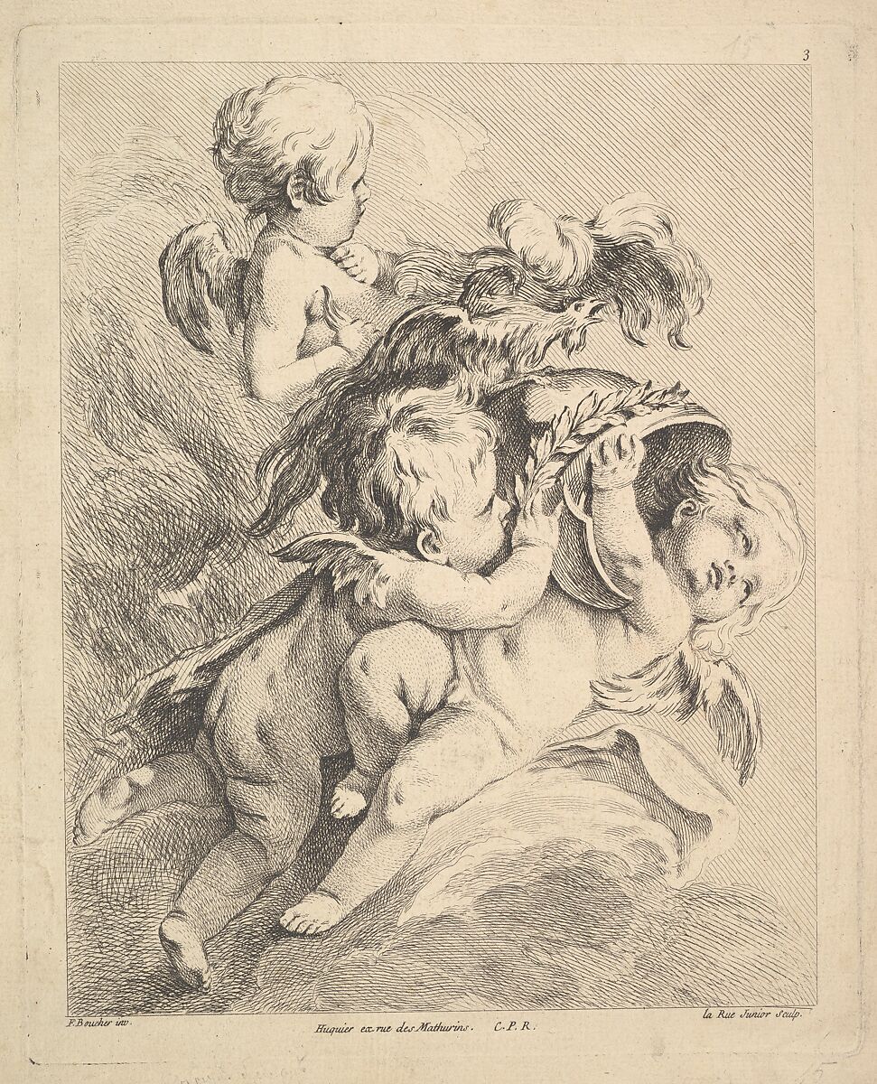 Three Cupids Holding a Helmet, Louis Félix de La Rue (French, Paris 1731–1765 Paris), Etching and engraving 
