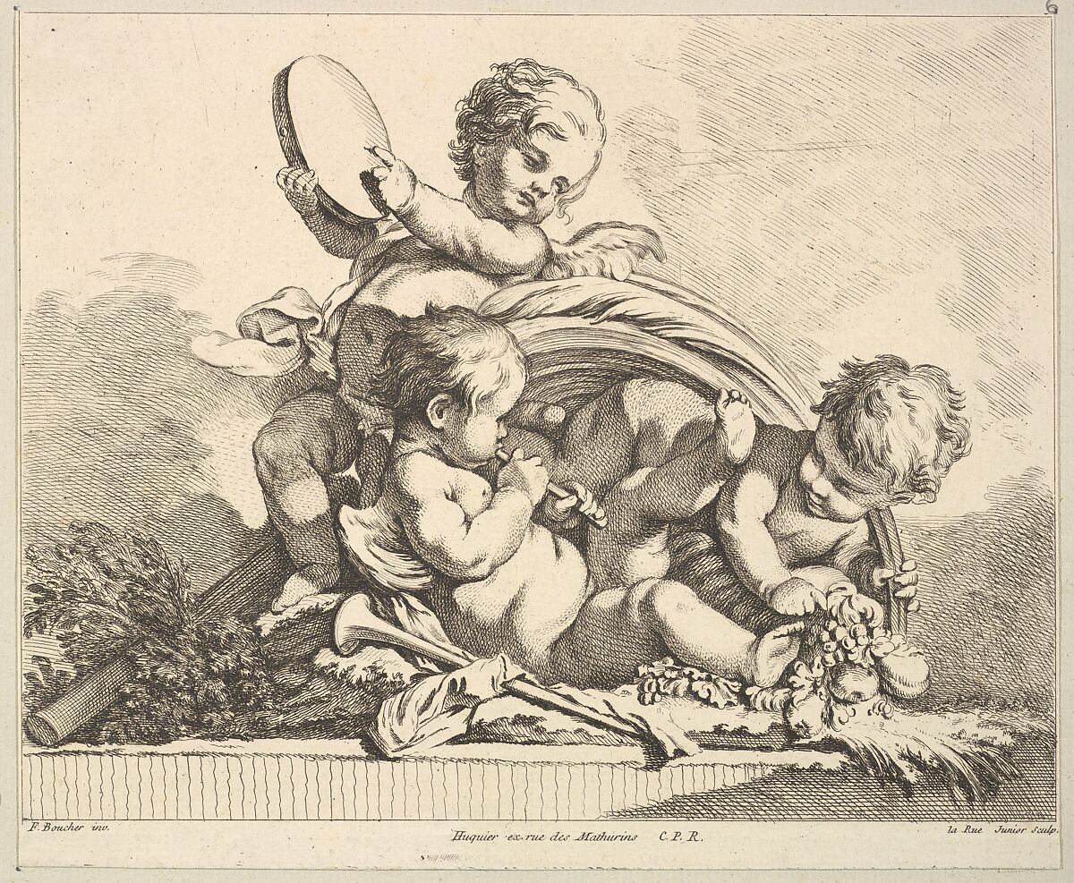 Three Cupids, Two Playing Music, One Holding Palm Leaves, Louis Félix de La Rue (French, Paris 1731–1765 Paris), Etching and engraving 