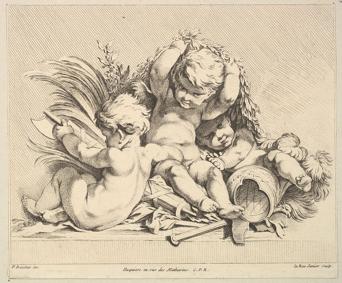 Three Cupids with Military Trophies, Louis Félix de La Rue (French, Paris 1731–1765 Paris), Etching and engraving 