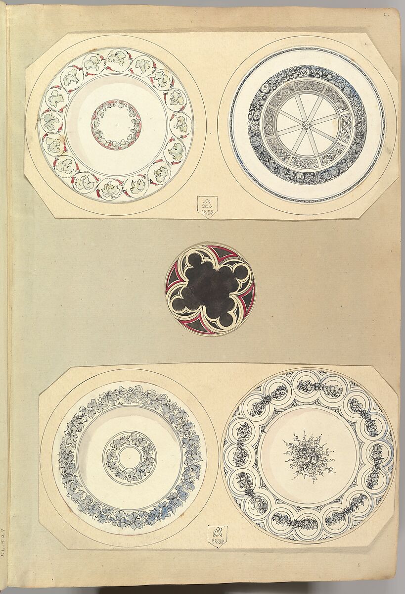 Four Designs for Decorated Plates and a Quatrefoil Rondel, Alfred Henry Forrester [Alfred Crowquill] (British, London 1804–1872 London), Pen and ink, watercolor and gouache (bodycolor) 