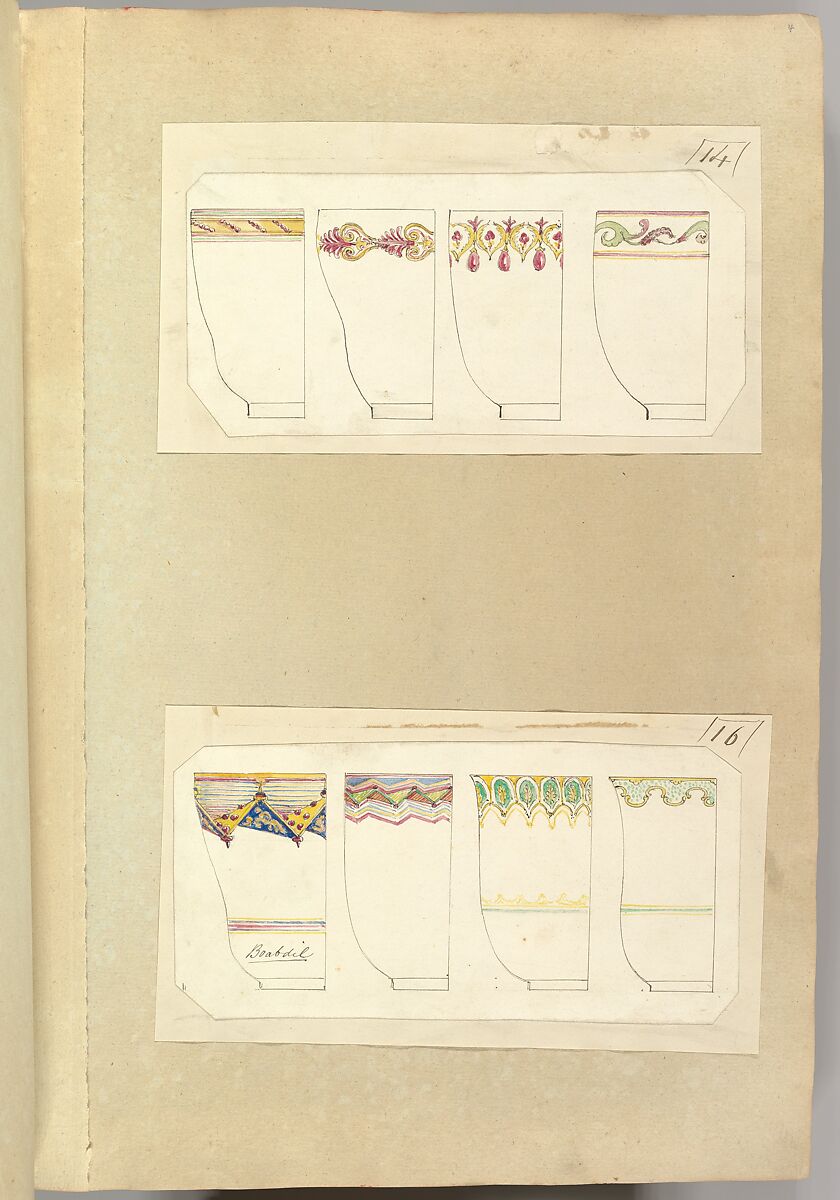 Eight Designs for Decorated Cups, including Boabdil Pattern, Alfred Henry Forrester [Alfred Crowquill] (British, London 1804–1872 London), Pen and ink, watercolor 