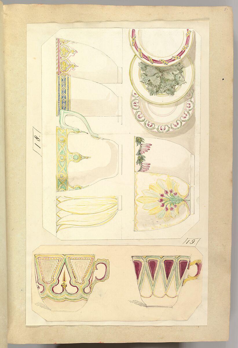 Five Designs for Decorated Cups and Three Designs for Saucers, Alfred Henry Forrester [Alfred Crowquill] (British, London 1804–1872 London), Pen and ink, watercolor and gouache (bodycolor) 
