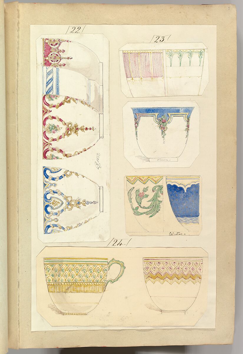 Eleven Designs for Decorated Cups, including Venice and Celestial Patterns, Alfred Henry Forrester [Alfred Crowquill] (British, London 1804–1872 London), Pen and ink, watercolor and gouache (bodycolor) 