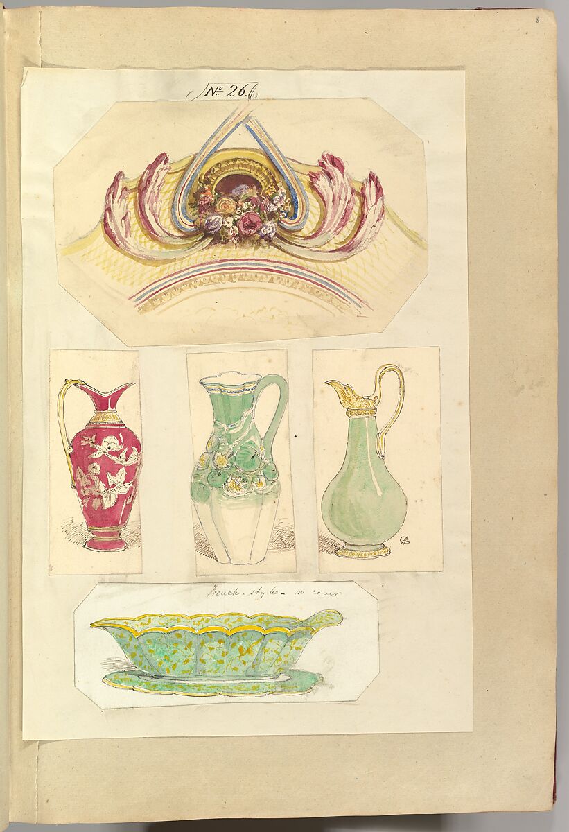 Designs for an Pierced Border Ornament, Three Pitchers and an Open Basin (recto); Design for a Candle Stick (verso), Alfred Henry Forrester [Alfred Crowquill] (British, London 1804–1872 London), Pen and ink, watercolor and gouache (bodycolor) 