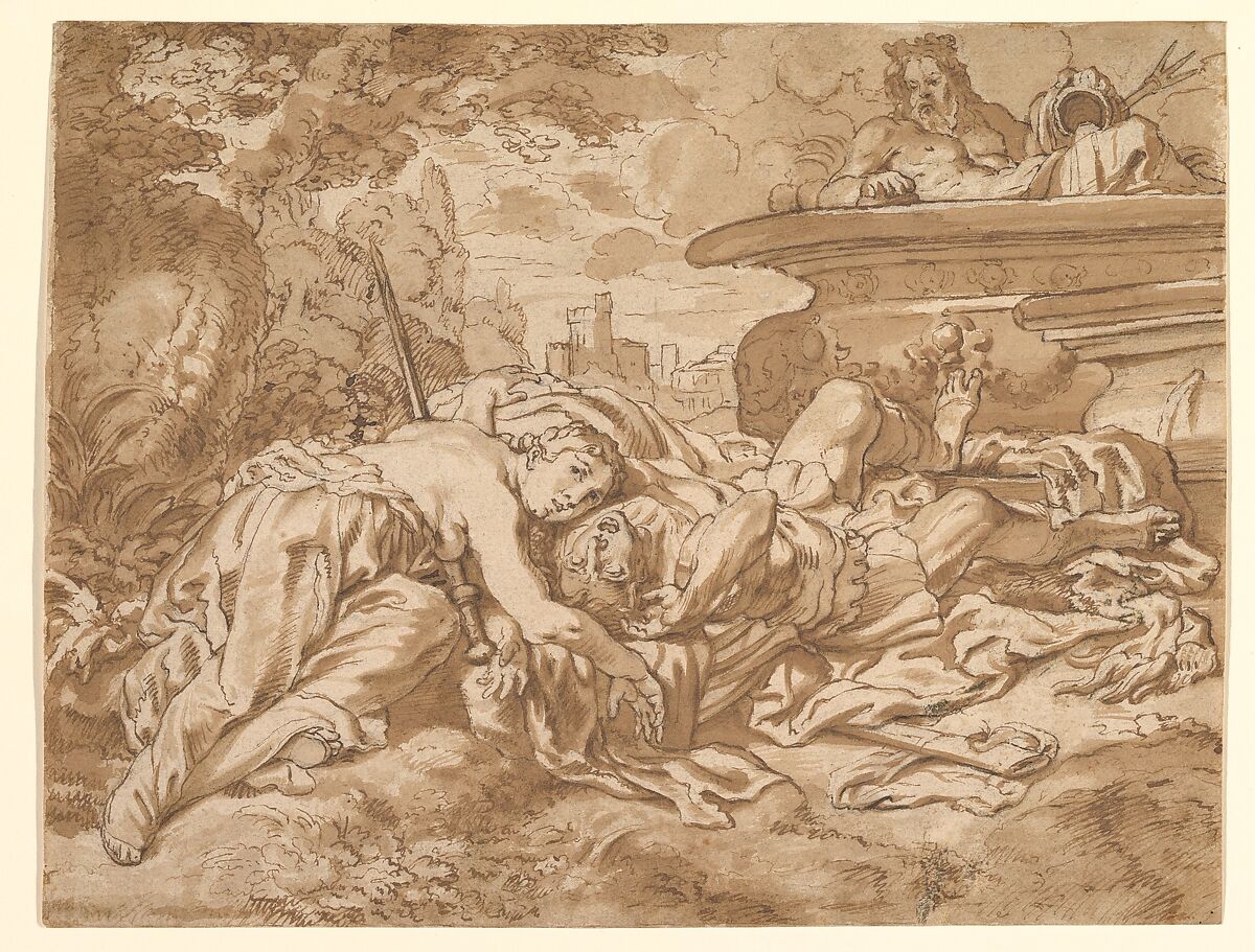 Pyramus and Thisbe, Cornelis Schut (Flemish, Antwerp 1597–1655 Antwerp), Pen and brown ink, brown wash, over black chalk 