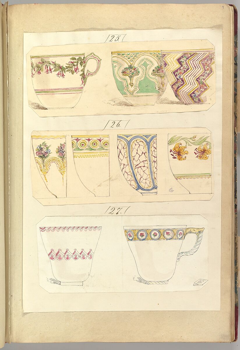 Nine Designs for Decorated Cups, Alfred Henry Forrester [Alfred Crowquill] (British, London 1804–1872 London), Pen and ink, watercolor and gouache (bodycolor) 