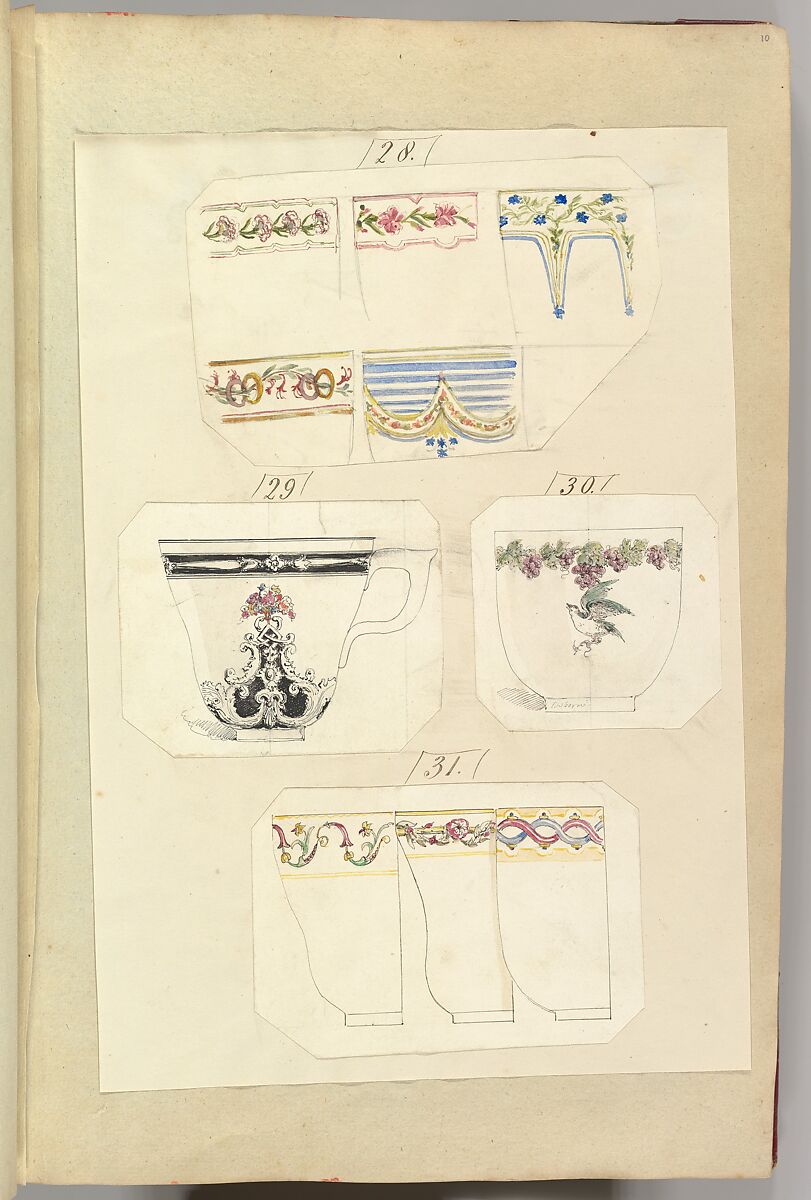 Ten Designs for Decorated Cups, including Osborne Pattern, Alfred Henry Forrester [Alfred Crowquill] (British, London 1804–1872 London), Pen and ink, watercolor 