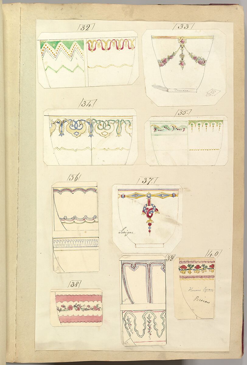 Fourteen Designs for Decorated Cups, including "Camden", Sevigne" and "Persian" Patterns, Alfred Henry Forrester [Alfred Crowquill] (British, London 1804–1872 London), Pen and ink, watercolor 