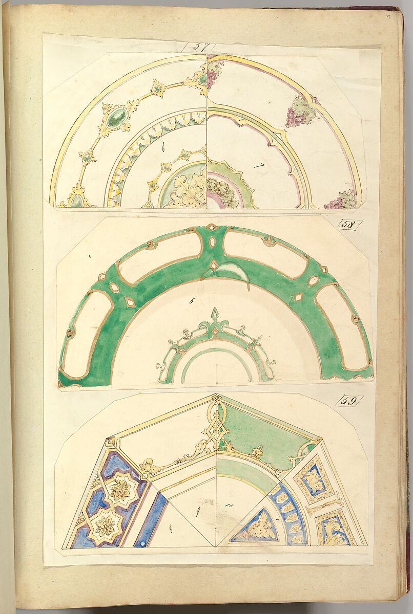 Seven Designs for Decorated Plates, Alfred Henry Forrester [Alfred Crowquill] (British, London 1804–1872 London), Pen and ink, watercolor 