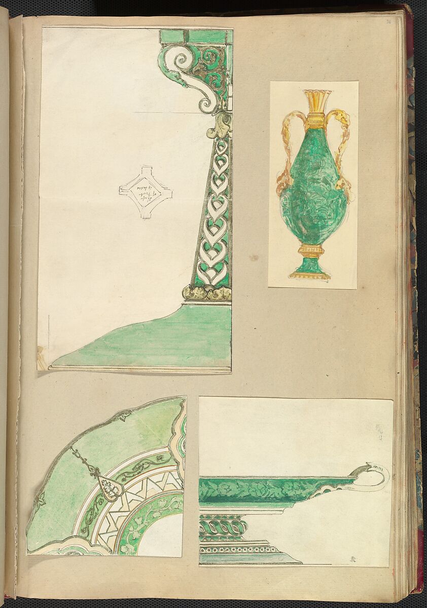 Designs for a Candlestick, Two Handled Vase, Decorated Plate and Footed Dish, Alfred Henry Forrester [Alfred Crowquill] (British, London 1804–1872 London), Pen and ink, watercolor 