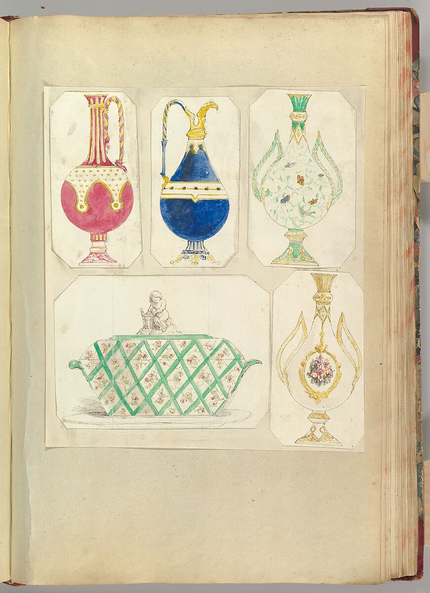 Designs for Two Ewers, Two Bottle-shaped Vases and a Covered Tureen, Alfred Henry Forrester [Alfred Crowquill] (British, London 1804–1872 London), Pen and ink, watercolor 