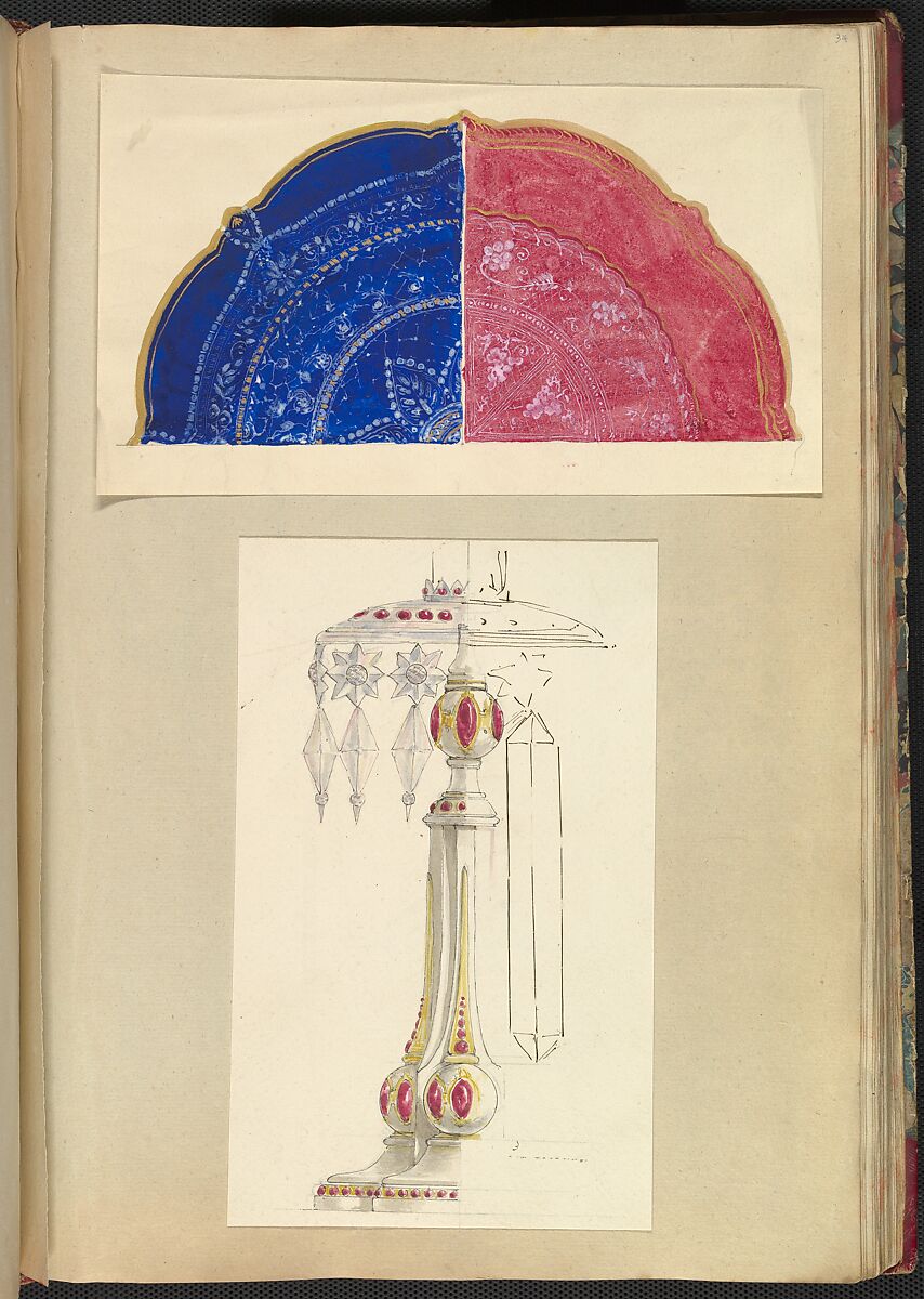 Designs for Two Decorated Plates and a Candleholder with Cut Glass Drops, Alfred Henry Forrester [Alfred Crowquill] (British, London 1804–1872 London), Pen and ink, watercolor and gouache (bodycolor) 