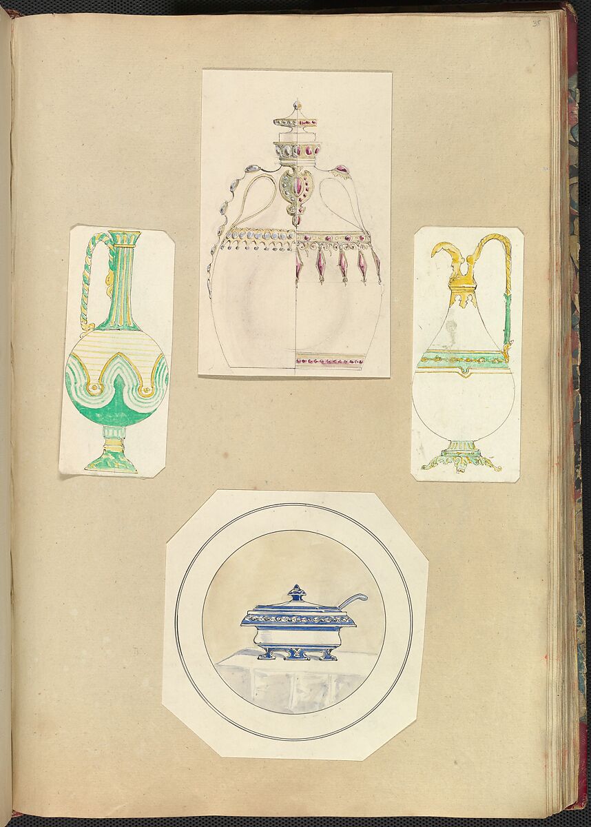 Designs for Two Ewers, a Carafe (two alternate designs), and a Covered Tureen, Alfred Henry Forrester [Alfred Crowquill] (British, London 1804–1872 London), Pen and ink, watercolor 