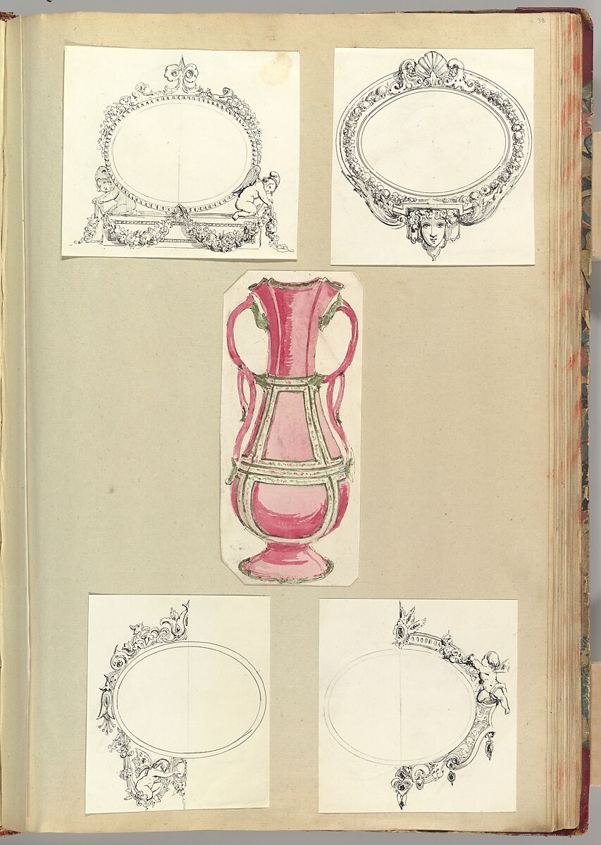 Designs for Four Mirrors and a Two Handled Vase, Alfred Henry Forrester [Alfred Crowquill] (British, London 1804–1872 London), Pen and ink, watercolor and gouache (bodycolor) 
