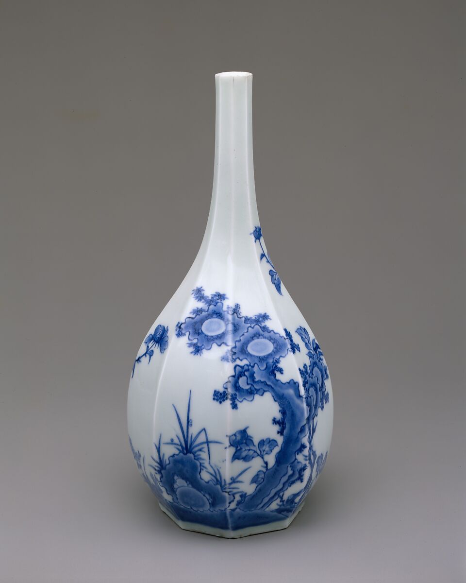 Bottle with Peony and Rock, Porcelain with underglaze blue (Hizen ware), Japan 