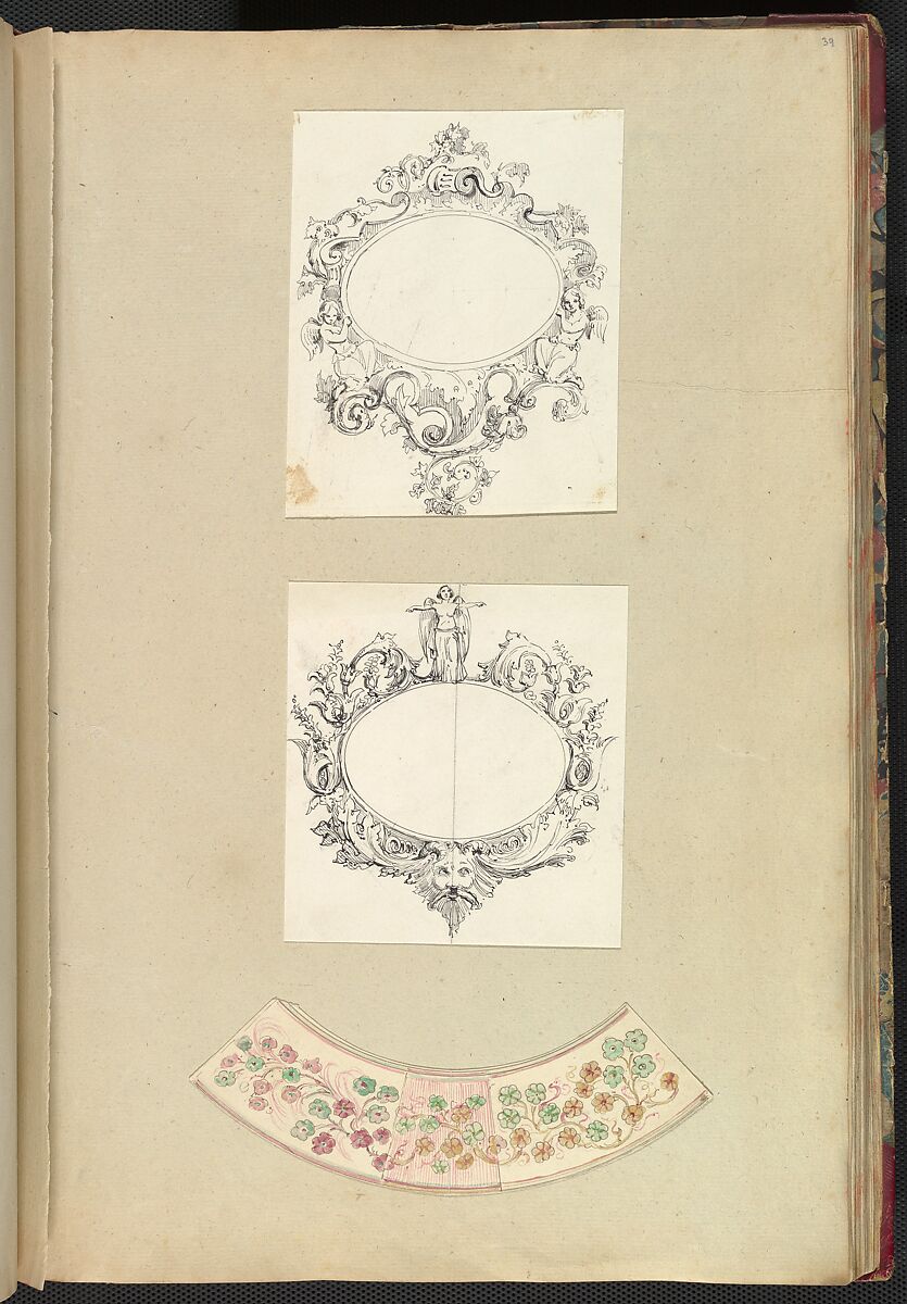 Designs for Two Mirrors and a Plate Rim, Alfred Henry Forrester [Alfred Crowquill] (British, London 1804–1872 London), Pen and ink, watercolor 
